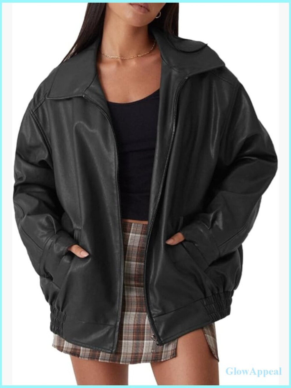 Oversized Faux Leather Motorcycle Jacket Zip Up with Pockets